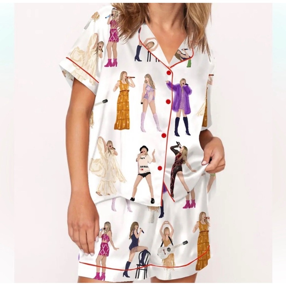 Sheshow Taylor Swift Eras Tour Satin Pajama Set Women Large White Short Sleeve
